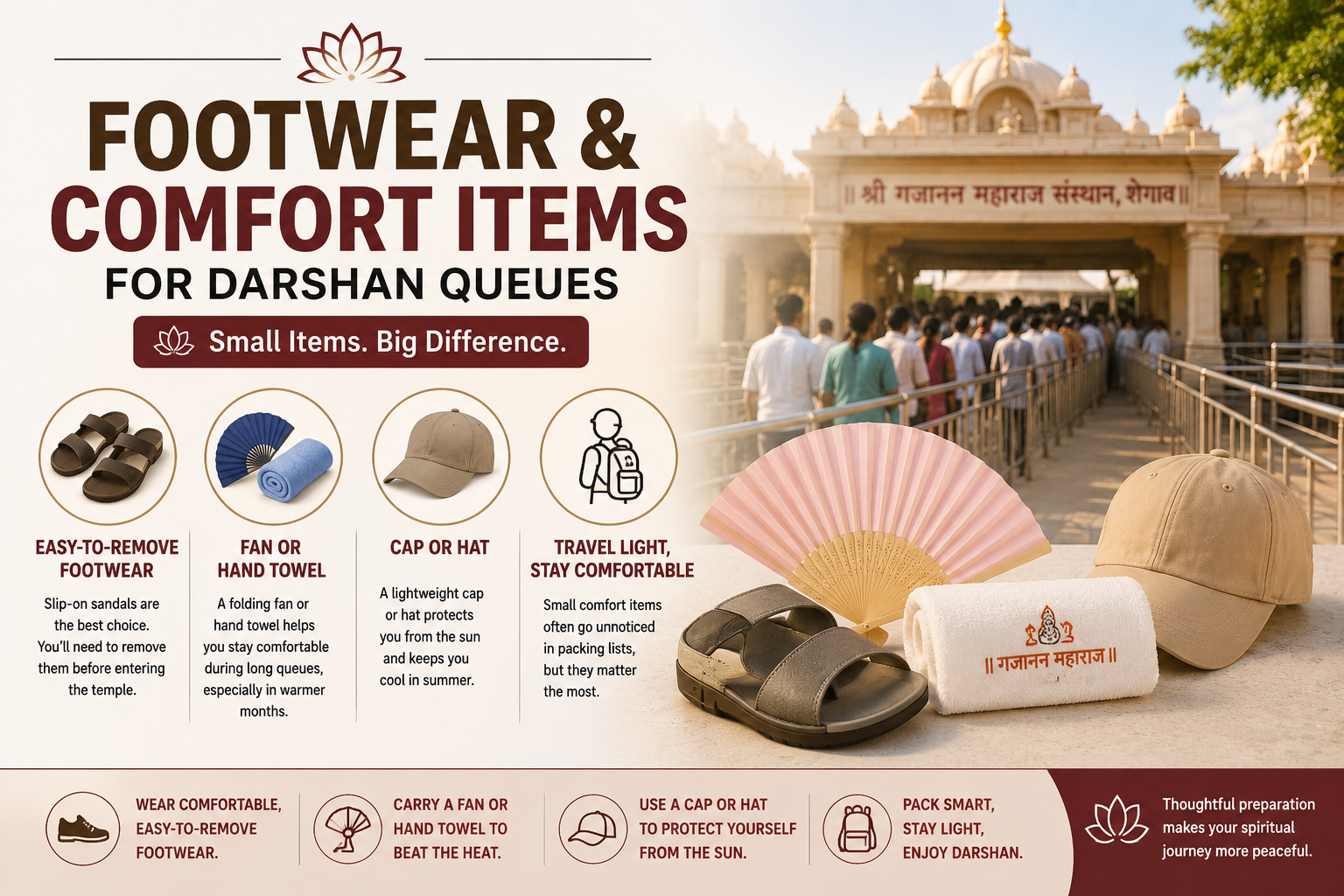 Footwear and comfort items for darshan