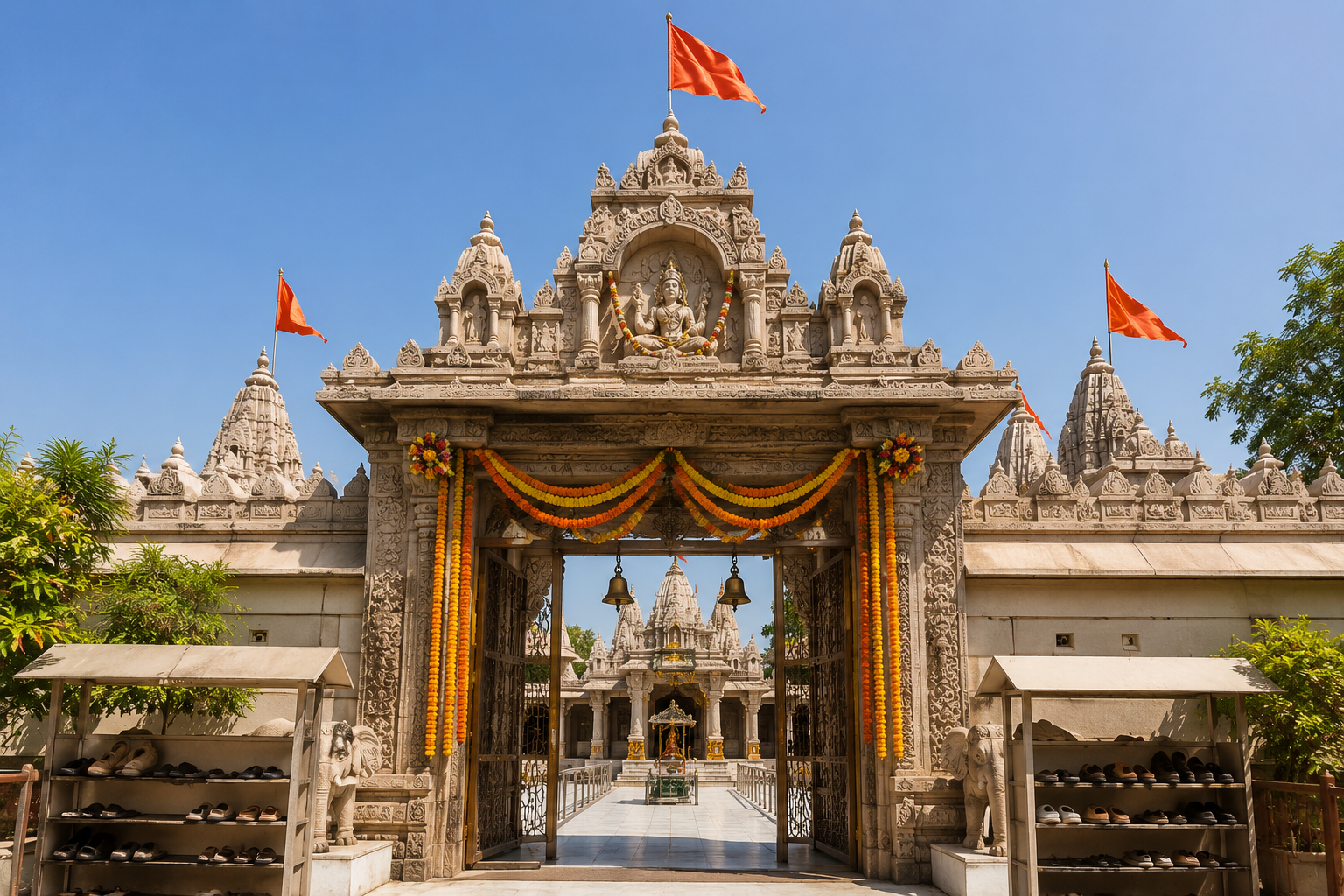 Hindu temple gateway under bright sky