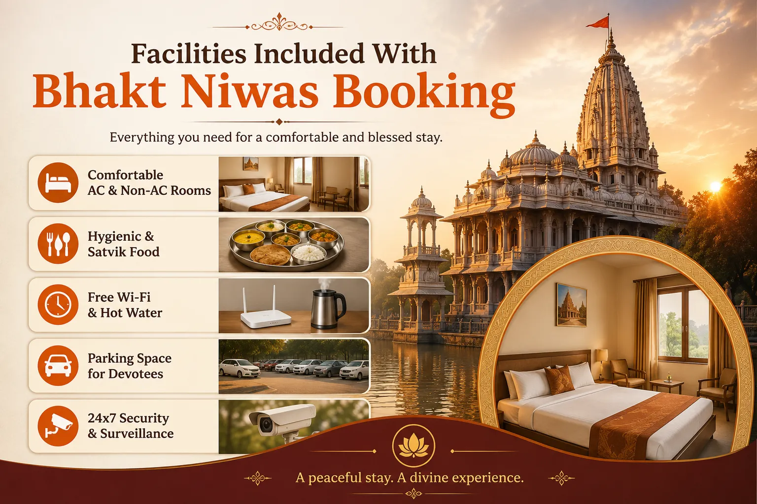 Facilities included with Bhakt Niwas booking - AC rooms, food, Wi-Fi, parking, security Facilities included with Bhakt Niwas booking - AC rooms, food, Wi-Fi, parking, security